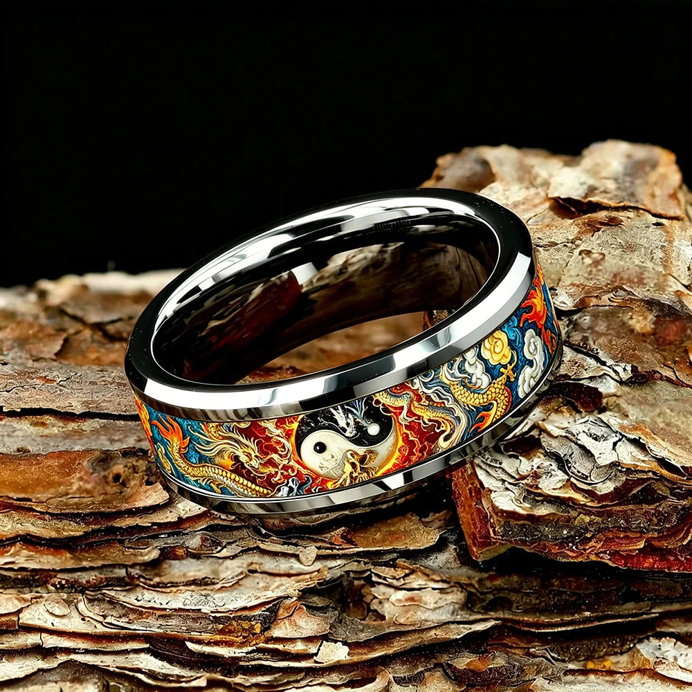 Vintage Dragon Yin Yang Tai Chi Cloud Flame Pattern Inlay Stainless Steel Rings for Men Women Lucky Totem Wedding Band Jewelry