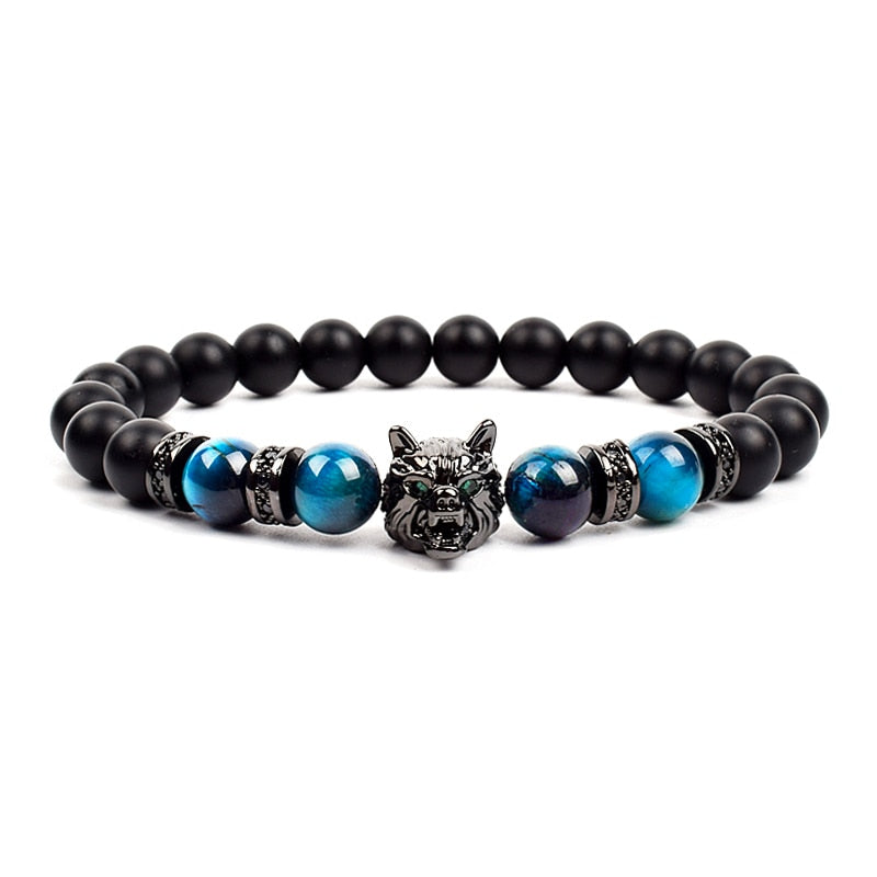 Wolf Charm Bracelets Men Natural Black Agates Onyx Stone Bracelet Brave Blue Tiger Eye Elastic 8 mm Beads Jewelry Beaded Pulsera Blue tiger eye