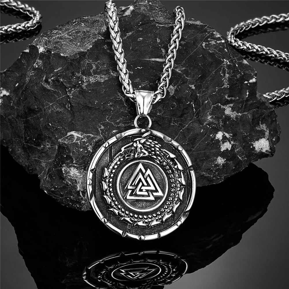 Vikings Ouroboros Dragon Necklace Men Stainless Steel Norse Runes Triangle Pendant Amulet Scandinavian Jewelry Vintage Male Gift
