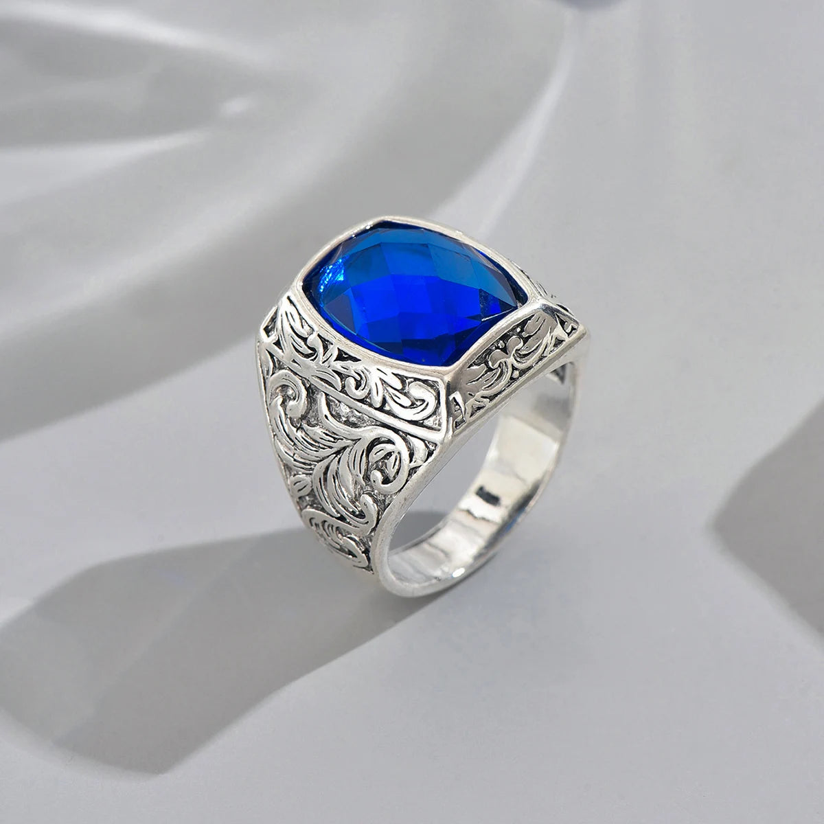 Vintage Punk Geometric Blue Suitable Rings for Anniversary Party Wedding Men's High-end Luxury Jewelry