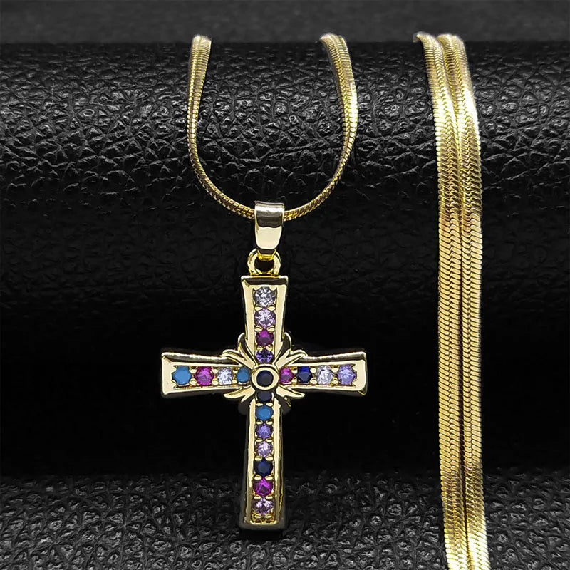 Vintage Shiny Zircon Jesus Cross Religious Amulet Necklace Women Stainless Steel Clavicle Snake Chain Choker Necklaces Jewelry