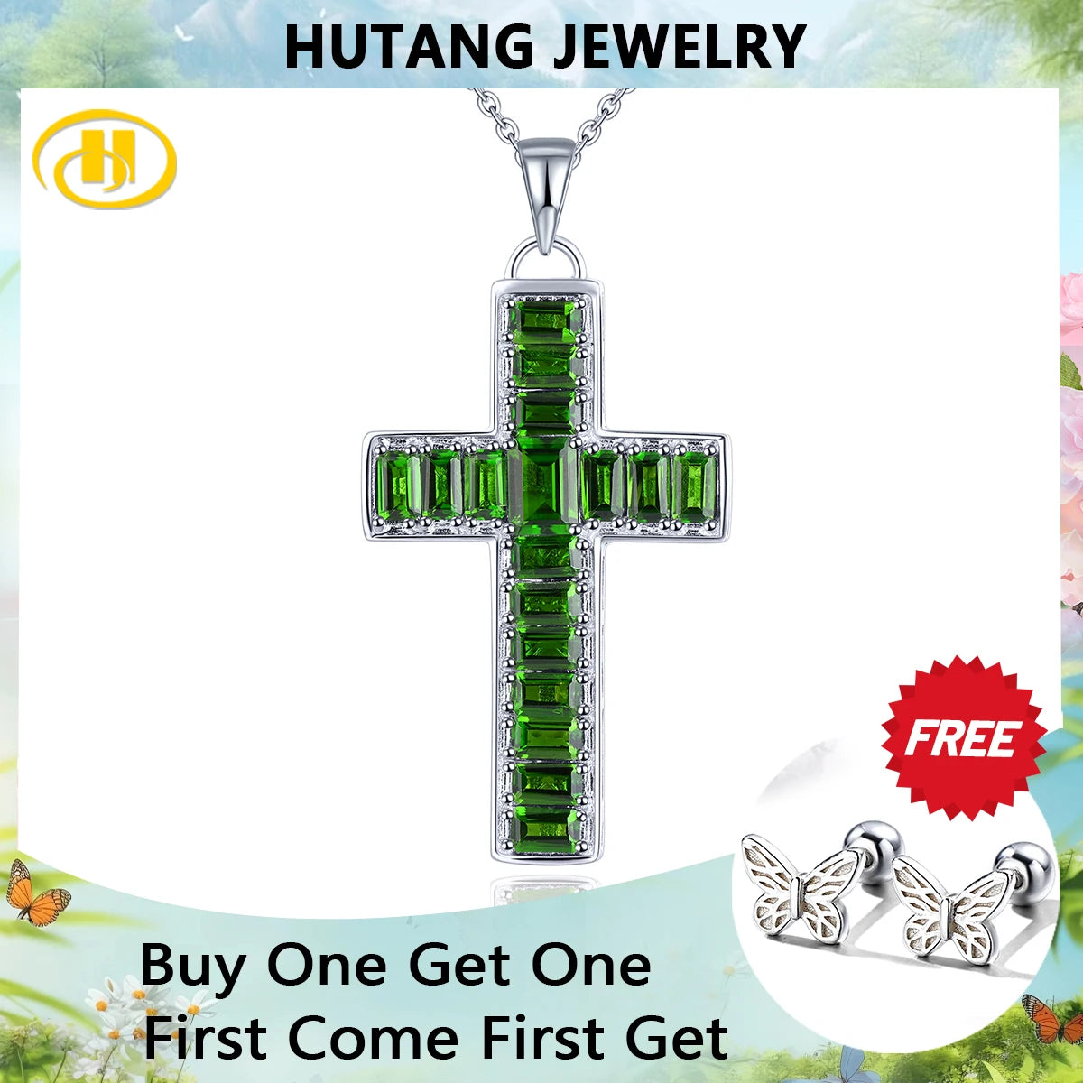 Natural Chrome Diopside Silver Pendant 4.6 Carats Genuine Gemstone Cross Classic Design Unisex Style Fine Jewelrys Gifts Default Title