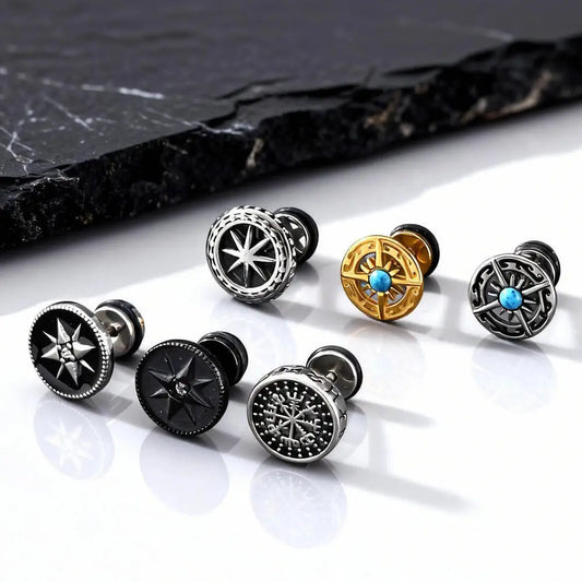 Vintage Men's Compass Stud Earrings,Stainless Steel Eight-pointed Star Round Metal Stud Earrings,Trendy Classic Jewelry Gifts