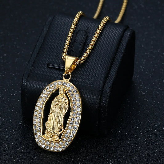 Wholesale Hip Hop Jewelry Virgin Mary Pendant Necklace Unisex Creative Design Couple Stainless Steel Gold Plated Chain