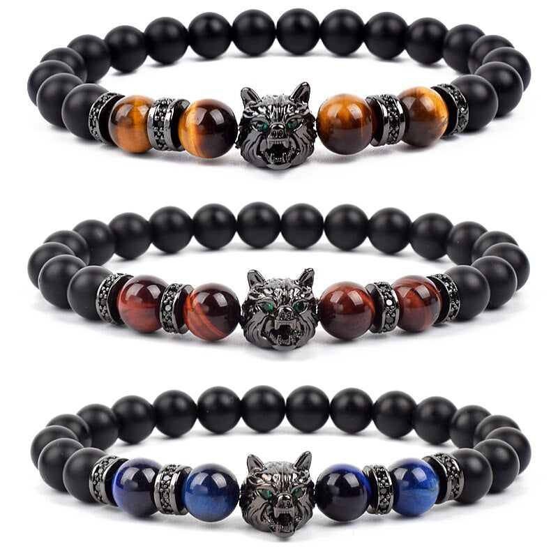 Wolf Charm Bracelets Men Natural Black Agates Onyx Stone Bracelet Brave Blue Tiger Eye Elastic 8 mm Beads Jewelry Beaded Pulsera