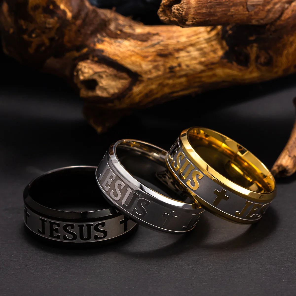 Stainless Steel Black Color Jesus Cross Letter Bible Prayer Finger Rings For Men 8mm Amulet Jewelry