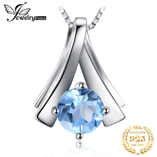 JewelryPalace 1ct Round Natural Blue Topaz 925 Sterling Silver Pendant Necklace for Woman No Chain