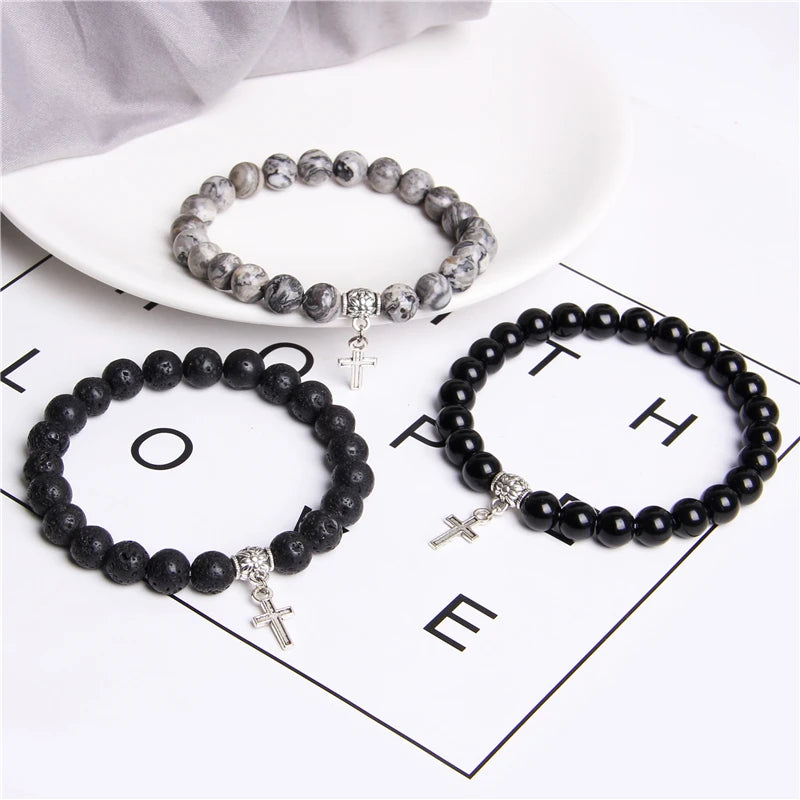 Trendy Men Beads Bracelet Slivers Color Cross Pendant Bracelet Natural Stone Bracelets Charm for Women Healing Prayer Jewelry