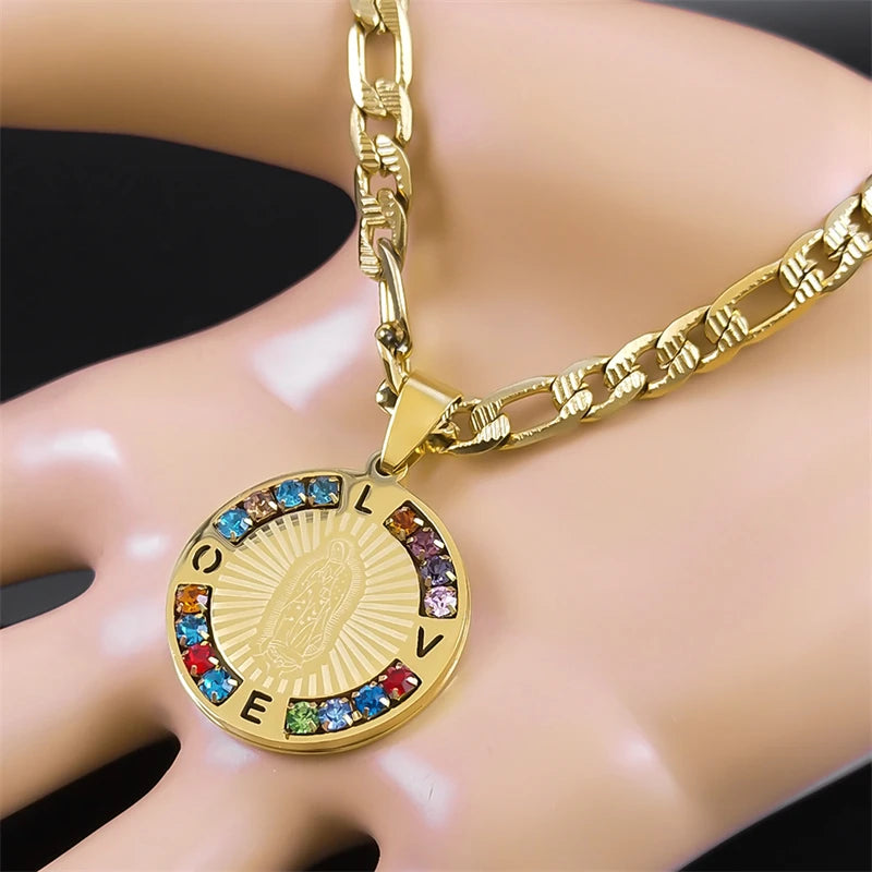 Virgin Mary Love Colorful Crystal Necklace Women Men Stainless Steel Gold Color Our Lady of Guadalupe Necklaces Jewelry N8389S05