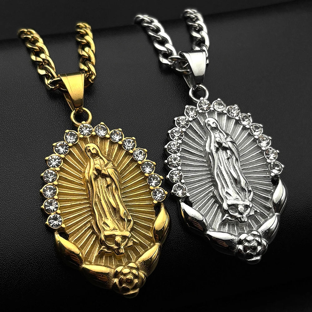 Catholic Virgin Mary Rhinestones Pendant Necklace for Women Men Stainless Steel Gold Color Our Lady of Guadalupe Chain Jewelry