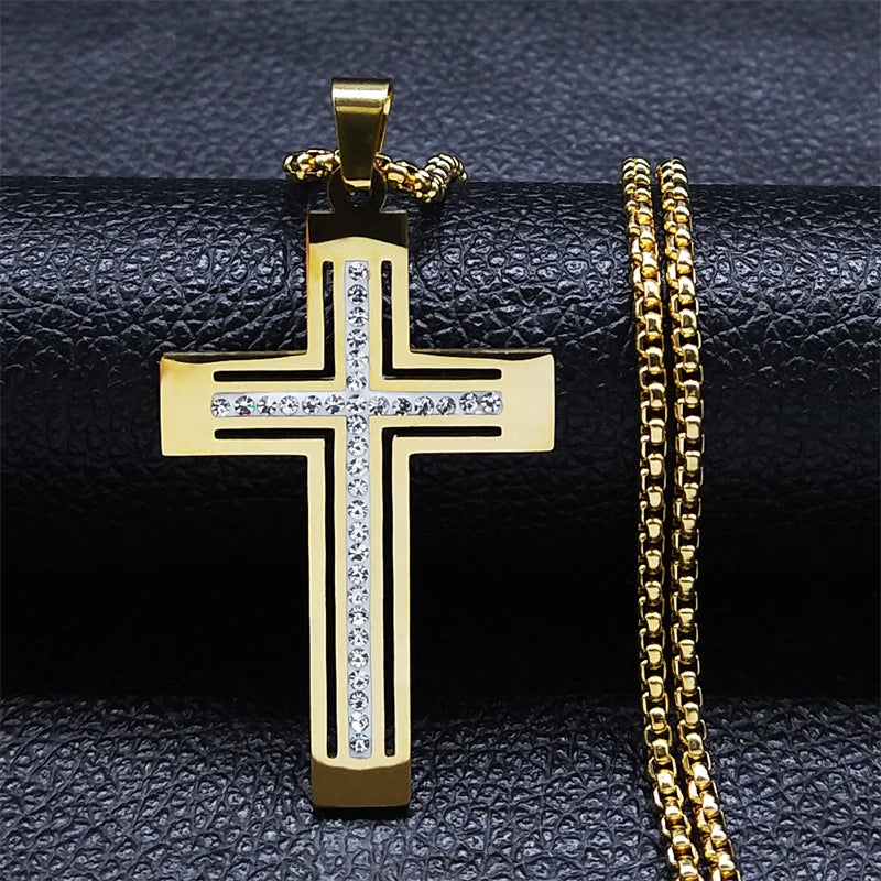 Catholic Jesus Cross Stainless Steel Necklace Saint Benedict Crystal Virgin Mary Pendant Crucifix Male Necklaces Jewelry Cruz
