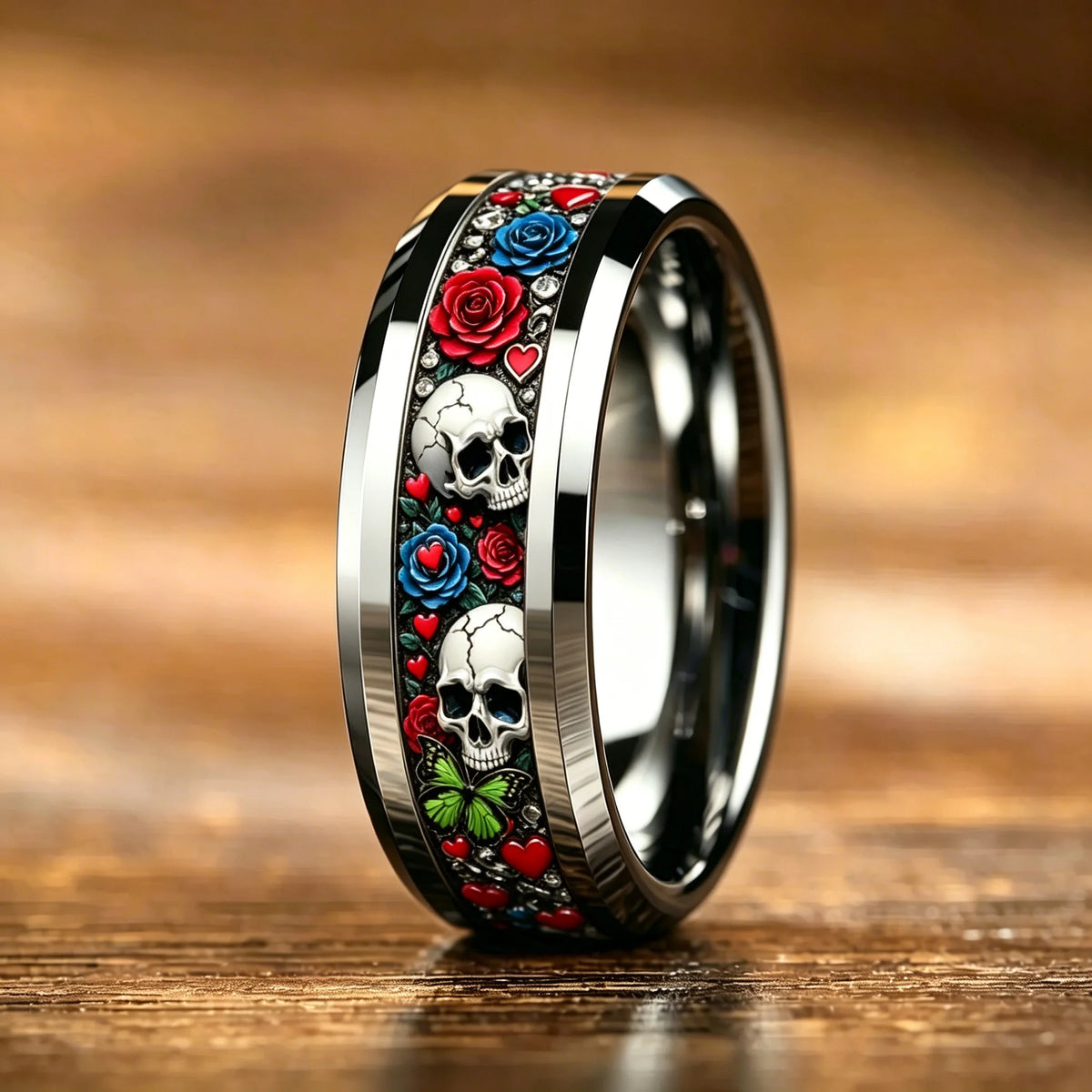 Vintage Gothic Punk Sugar Skull Pink Butterfly Dark Forest Floral Stainless Steel Ring Halloween Aesthetic Wedding Band Jewelry
