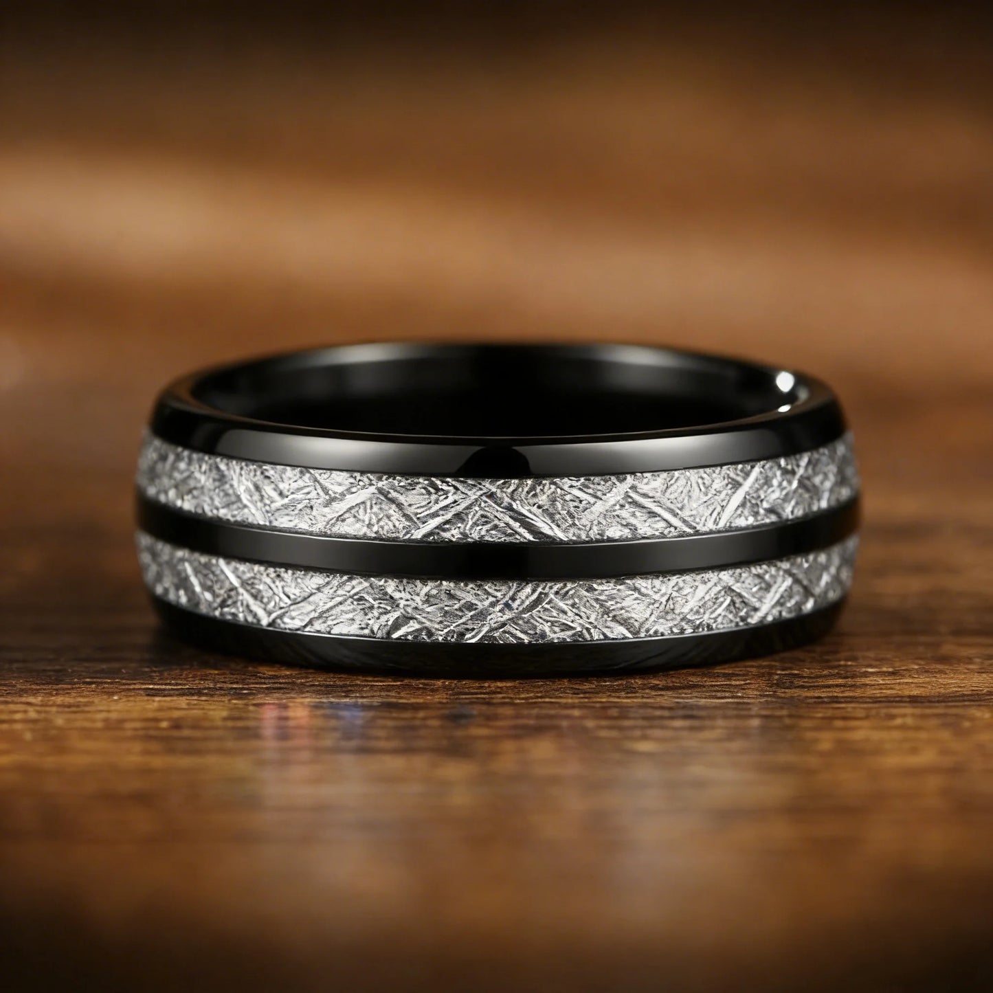 Fashion 8mm Black Color Stainless Steel Rings for Men Double Groove Meteorite Inlay Dome Men Finger Ring Wedding Band Jewelry
