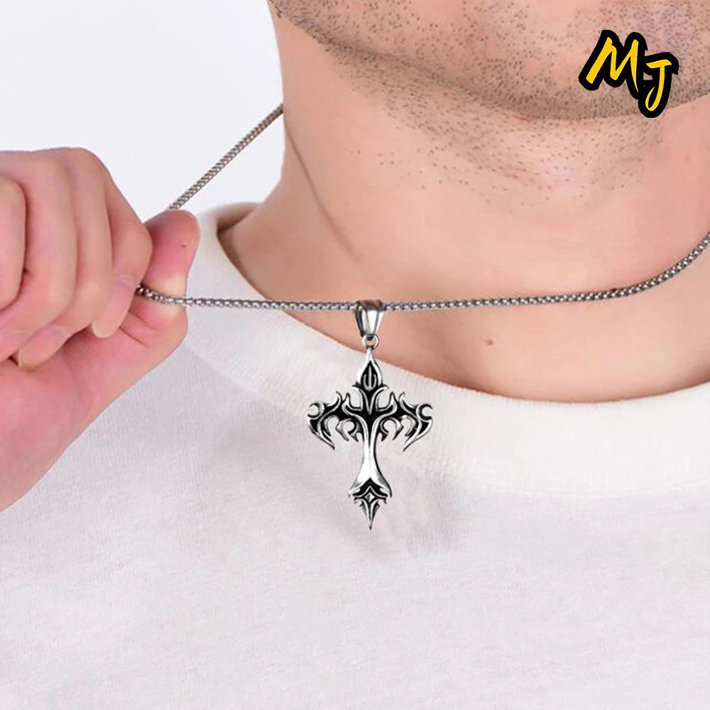 Vintage Men's Gothic Flame Cross Pendant Necklace Alloy Motorcycle Club Gothic  DragonEnwined Skull Cross Halloween Jewelry Gift