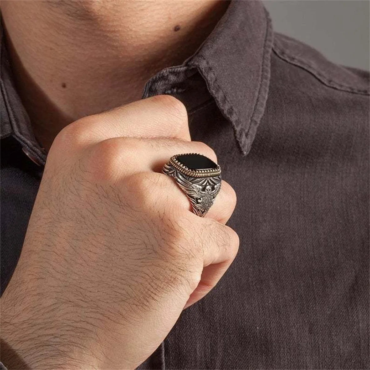 Retro Handmade Turkish Signet Ring Vintage Men's Ancient Metal Eagle Rings Inlaid Black Zircon Party Punk Motor Biker Jewelry