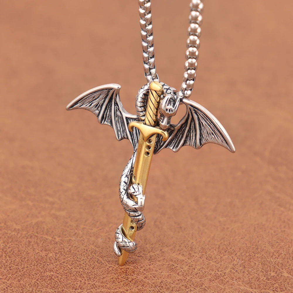 Vintage Stainless Steel Men's Dragon Necklace Fashion Steel Dragon Sword Chinese Pendant for Women Biker Jewelry Gift
