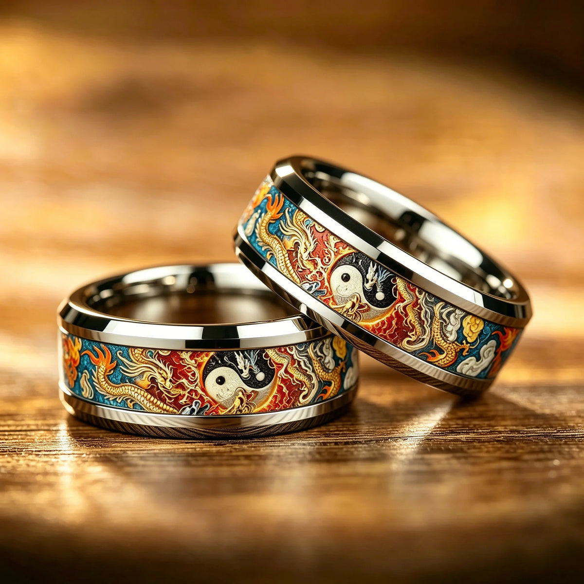 Vintage Dragon Yin Yang Tai Chi Cloud Flame Pattern Inlay Stainless Steel Rings for Men Women Lucky Totem Wedding Band Jewelry