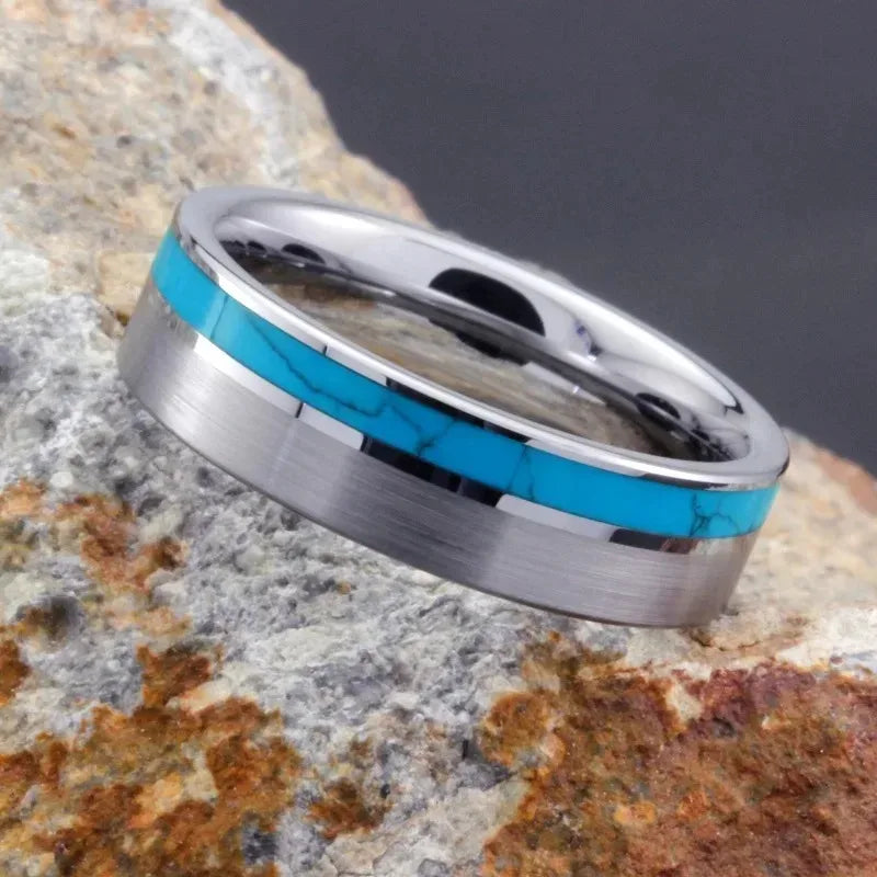 Fashion 8mm Men Silver Color Stainless Steel Ring Blue Turquoise Stone Inlaid Polished Flat Ring For Men Wedding Band Jewelry