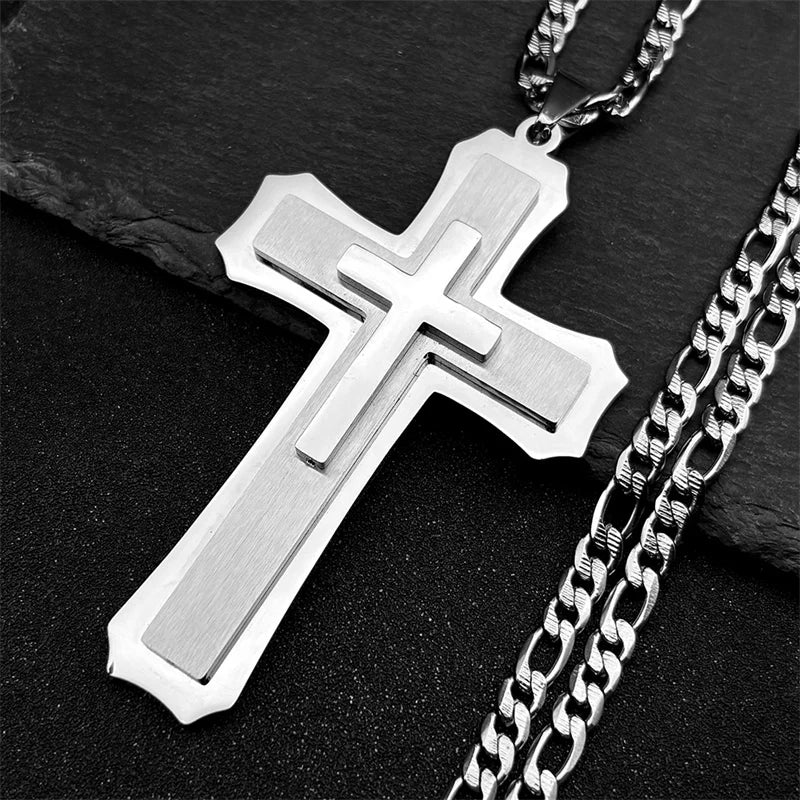 Big Jesus Christian Cross Pendant Necklace for Man Women Stainless Steel Silver Color Link Figaro NK Chain Male Collier Jewelry