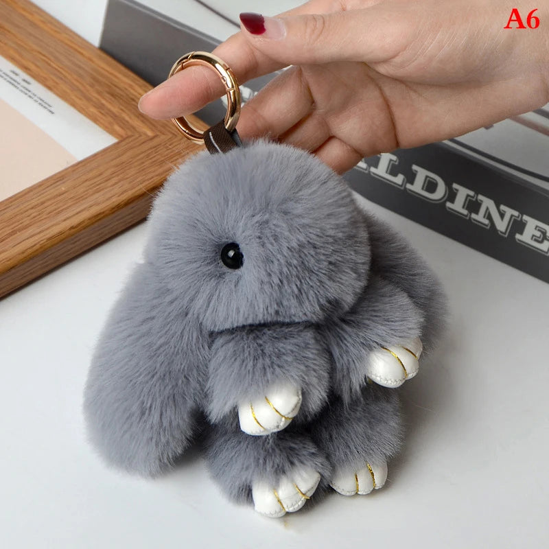 Rabbit Keychain Ring Fluffy Real Fur Pompon Bunny Trinket Key Chain Charm Cute Key Ring On Bag Car Key Pendant Gray