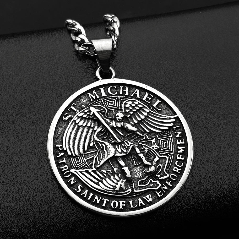 Archangel St.Michael Protect Us Pendant Necklace for Women Men Stainless Steel Saint Chain Biker Boyfriend Gift Jewelry