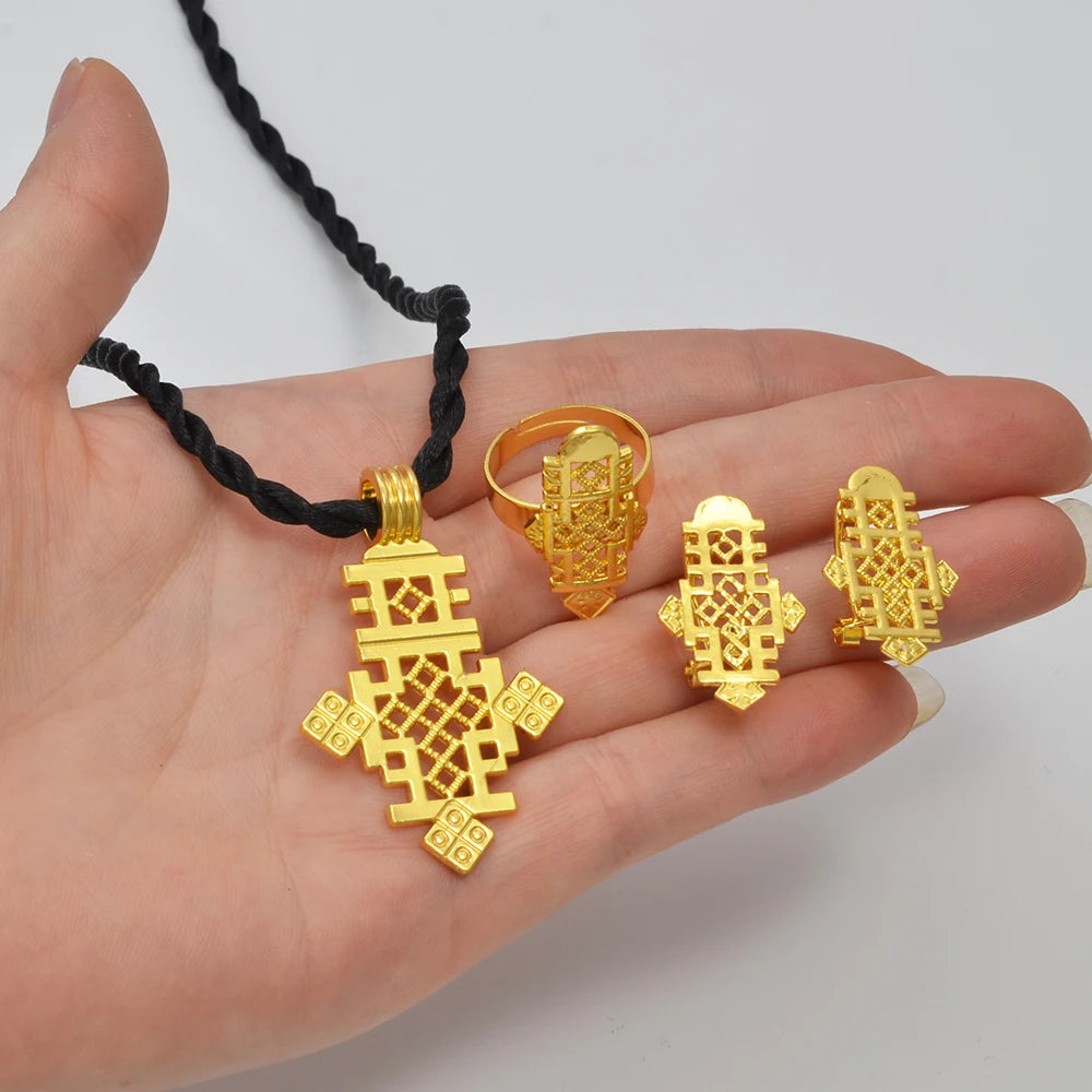 Ethiopian New Year Jewelry Sets Cross Necklaces Earrings Rings Eritrean Africa Bridal Christmas Day Party Gifts  #201316