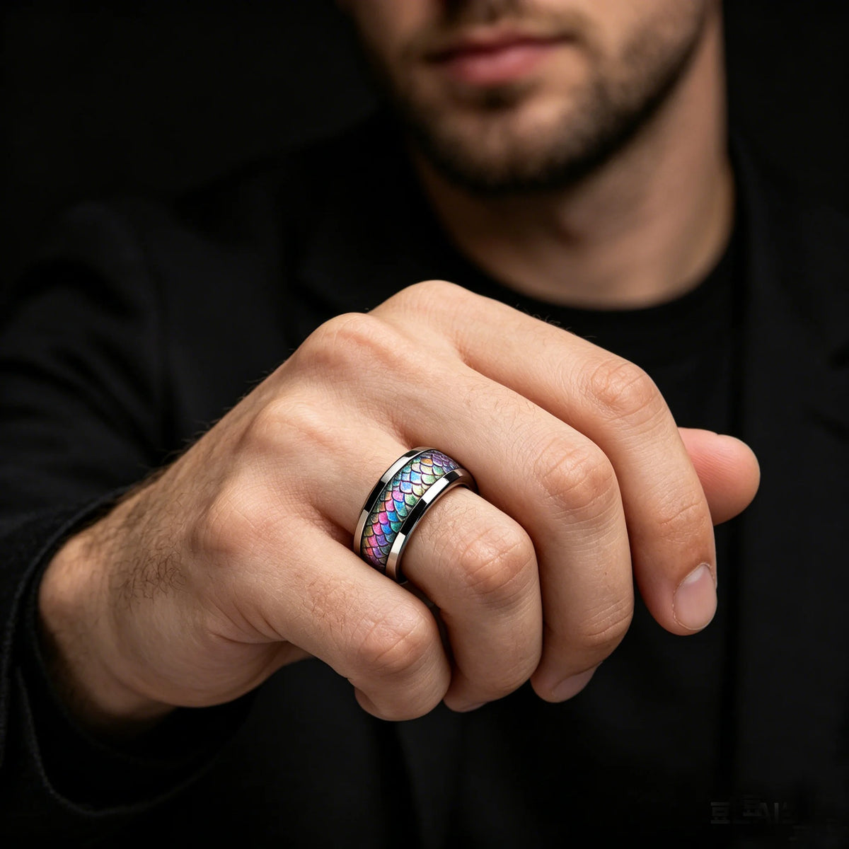 Fashion Men's Stainless Steel Rings Punk Colorful Dragon Scale Pattern Inlay Ring Daily Wear Jewelry, Gift for Him Non-Fade