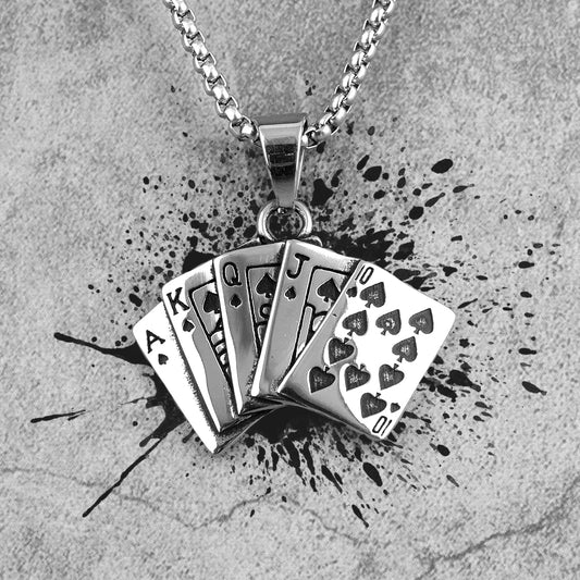 Flush Poker Gambling Long Men Necklaces Pendants Chain Punk for Boyfriend Male Stainless Steel Jewelry Creativity Gift Wholesale