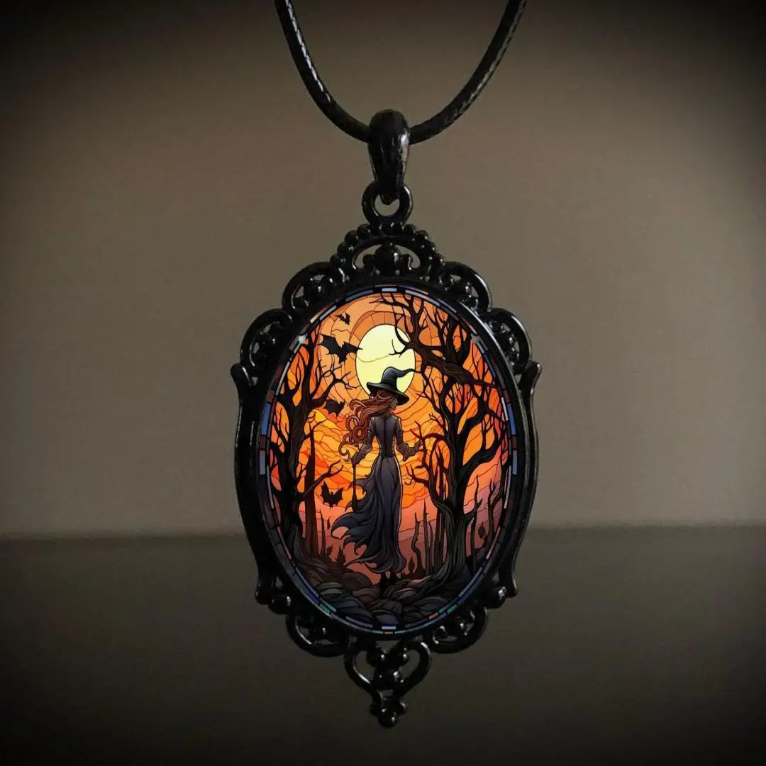 Gothic Raven Cross Glass Pendant Necklace Vintage Rope Chain Crow Choker Mystic Witch Jewelry Gift Accessories for Women Men