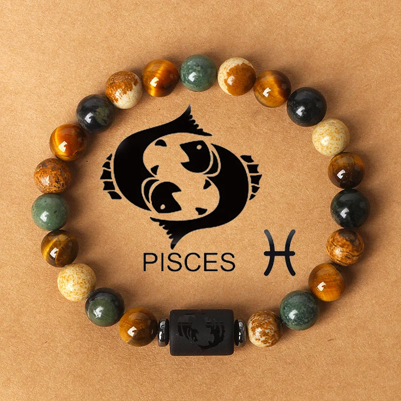 12 Zodiac Signs Constellation Charm Bracelet Men Women Fashion Tiger Eye Stone Beaded Bracelets Virgo Leo Libra Couple Jewelry