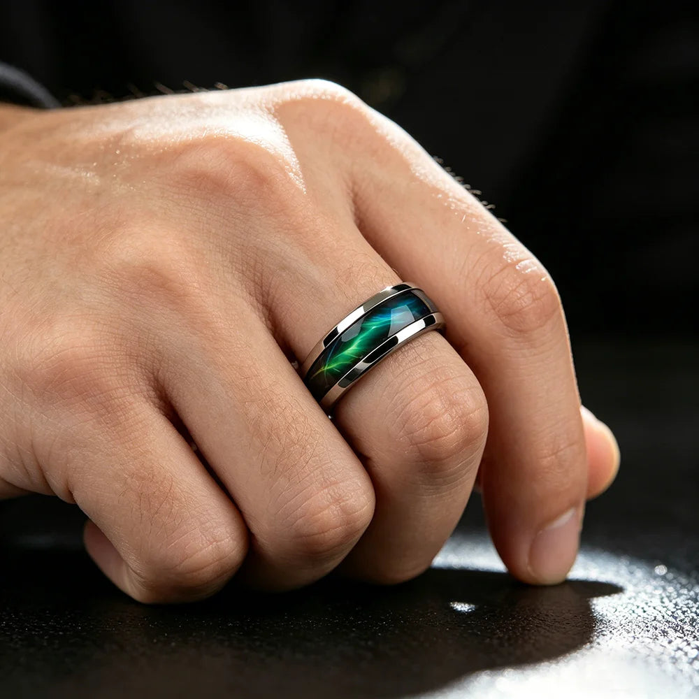 Men's Green Aurora Nebula Stainless Steel Ring, Silver Color Polished with Malachite Inlay, Punk Biker Jewelry Gift for Him