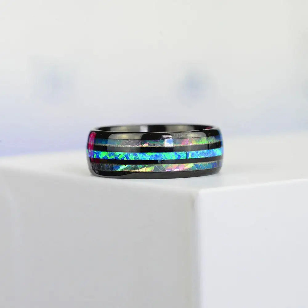 Fashion 8MM Rose Gold Color Stainless Steel Rings For Men Women Colorful Abalone Shell  Inlaid Men Rings Wedding Party Jewelry