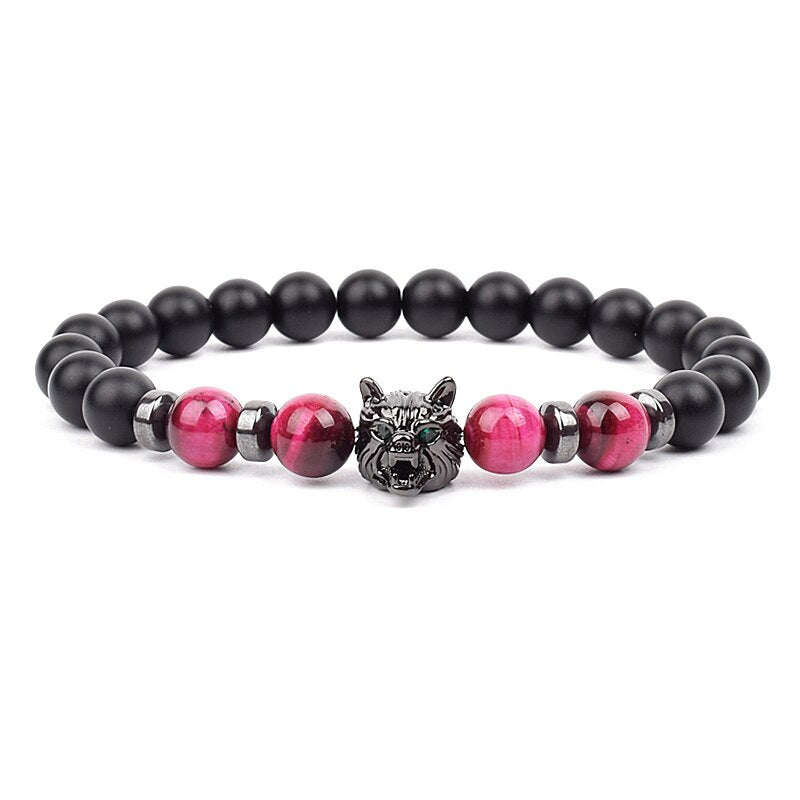 Wolf Charm Bracelets Men Natural Black Agates Onyx Stone Bracelet Brave Blue Tiger Eye Elastic 8 mm Beads Jewelry Beaded Pulsera Rose tiger eye 3