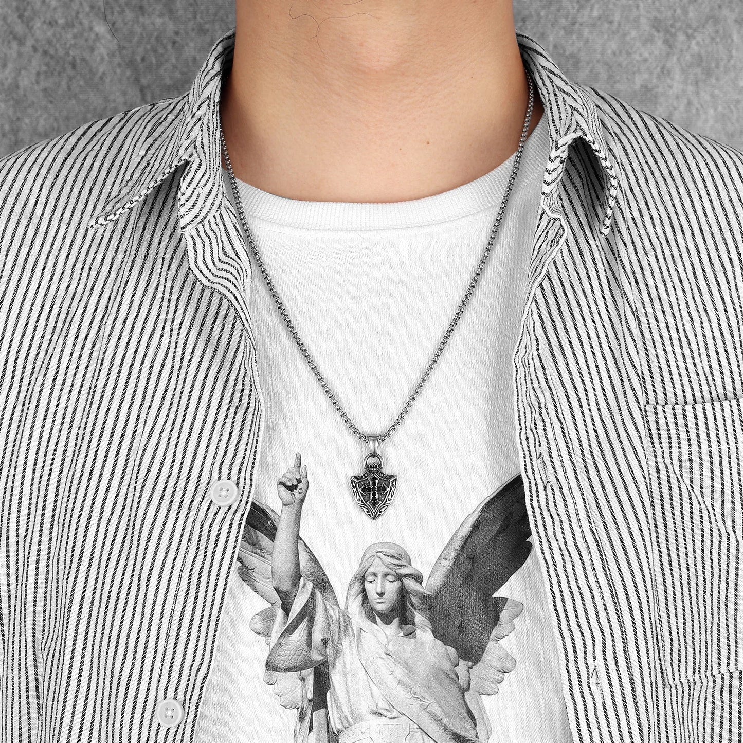 Cross Shield Amulets Gemstone Stainless Steel Men Necklaces Pendant Chain Punk For Women Fashion Jewelry Gifts Wholesale