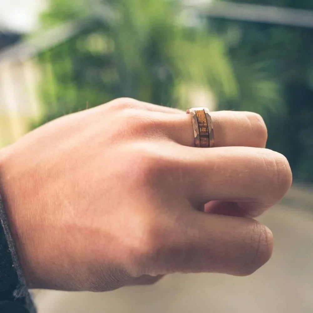 Luxury 8MM Koa Wood Inlay Stainless Steel Rings Bevel Edge Men's Steel Jewelry Polished Wedding Engagement Band Ring Wholesale