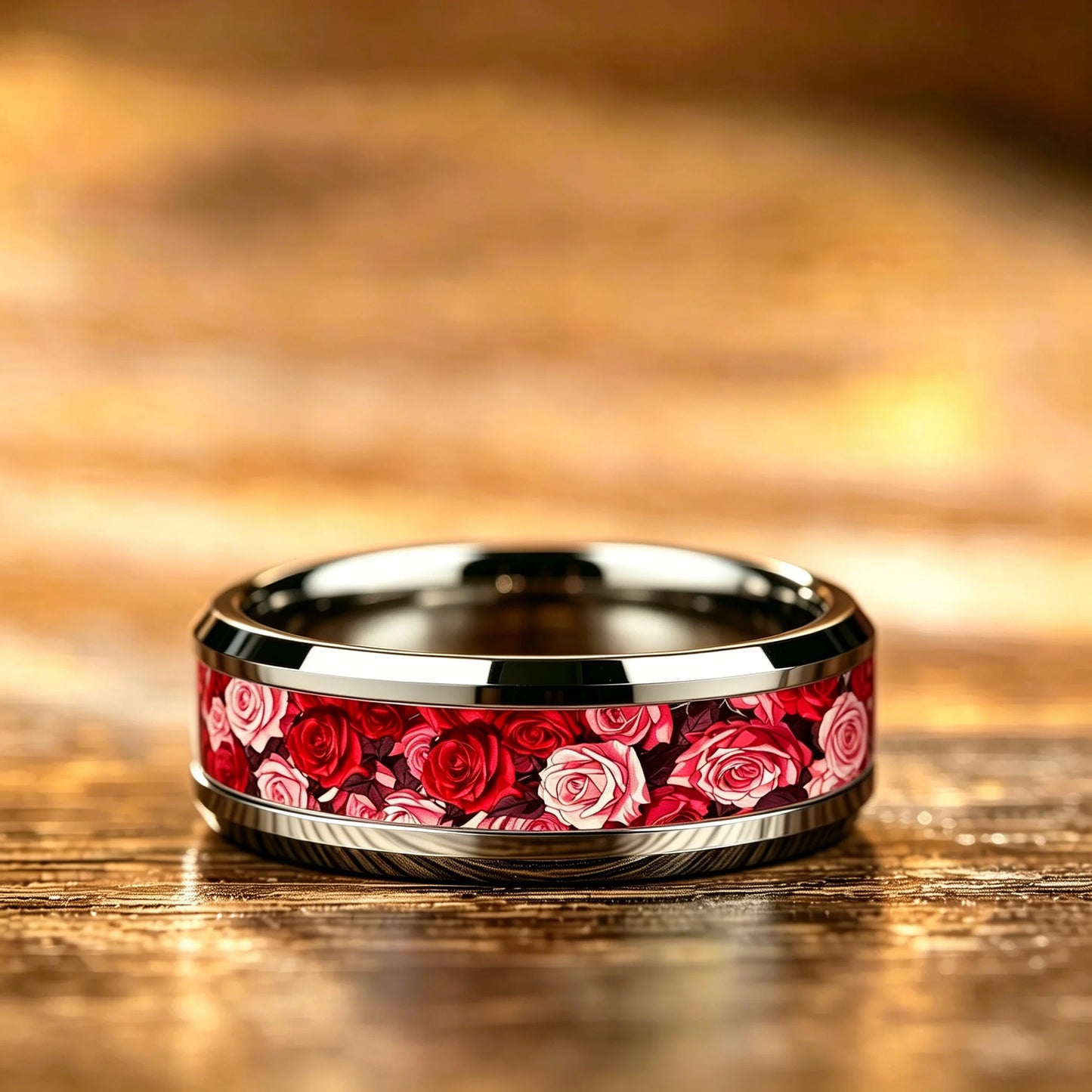Romantic Red Pink Rose Rings, 8mm Stainless Steel Couple Rings For Men Women, Wedding Band Jewelry Valentine's Day Gift
