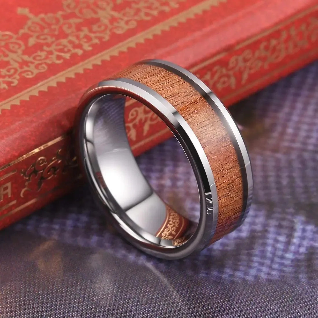 Fashion 8mm Men Black Titanium Wedding Rings Koa Wood Inlay Stainless Steel Rings For Men Wedding Band Anniversary Birthday Gift