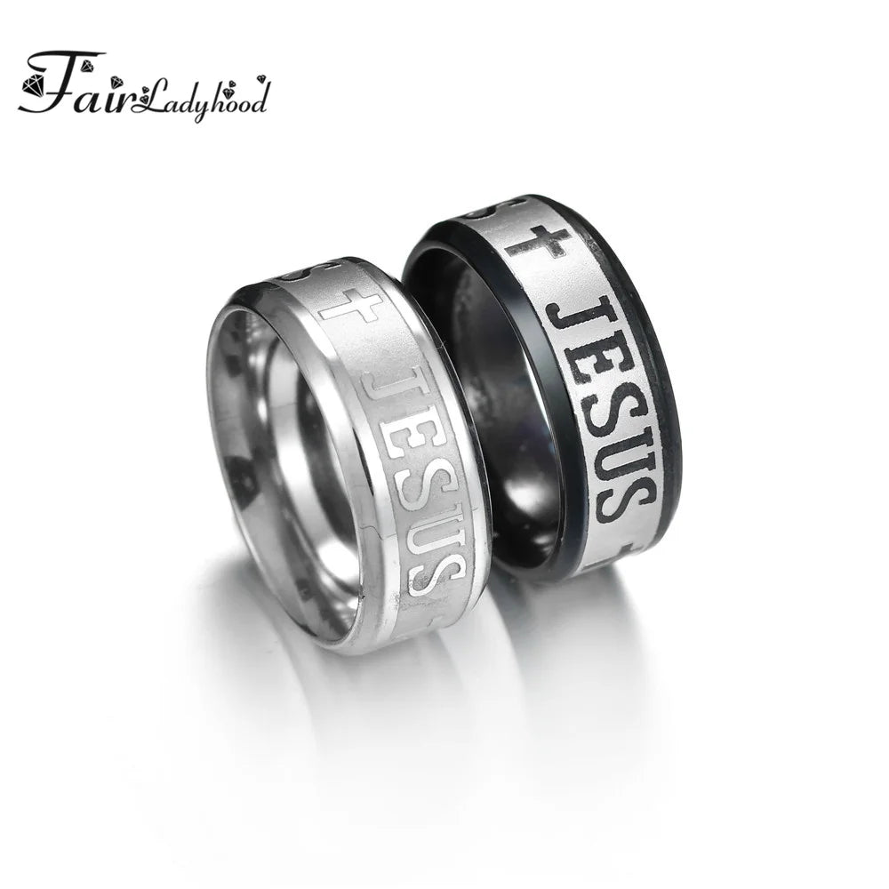 FairLadyHood TOP Quality Catholic 8mm Titanium Steel Silver Color Rose Gold Color Jesus Cross Letter Bible Wedding Band Ring Men