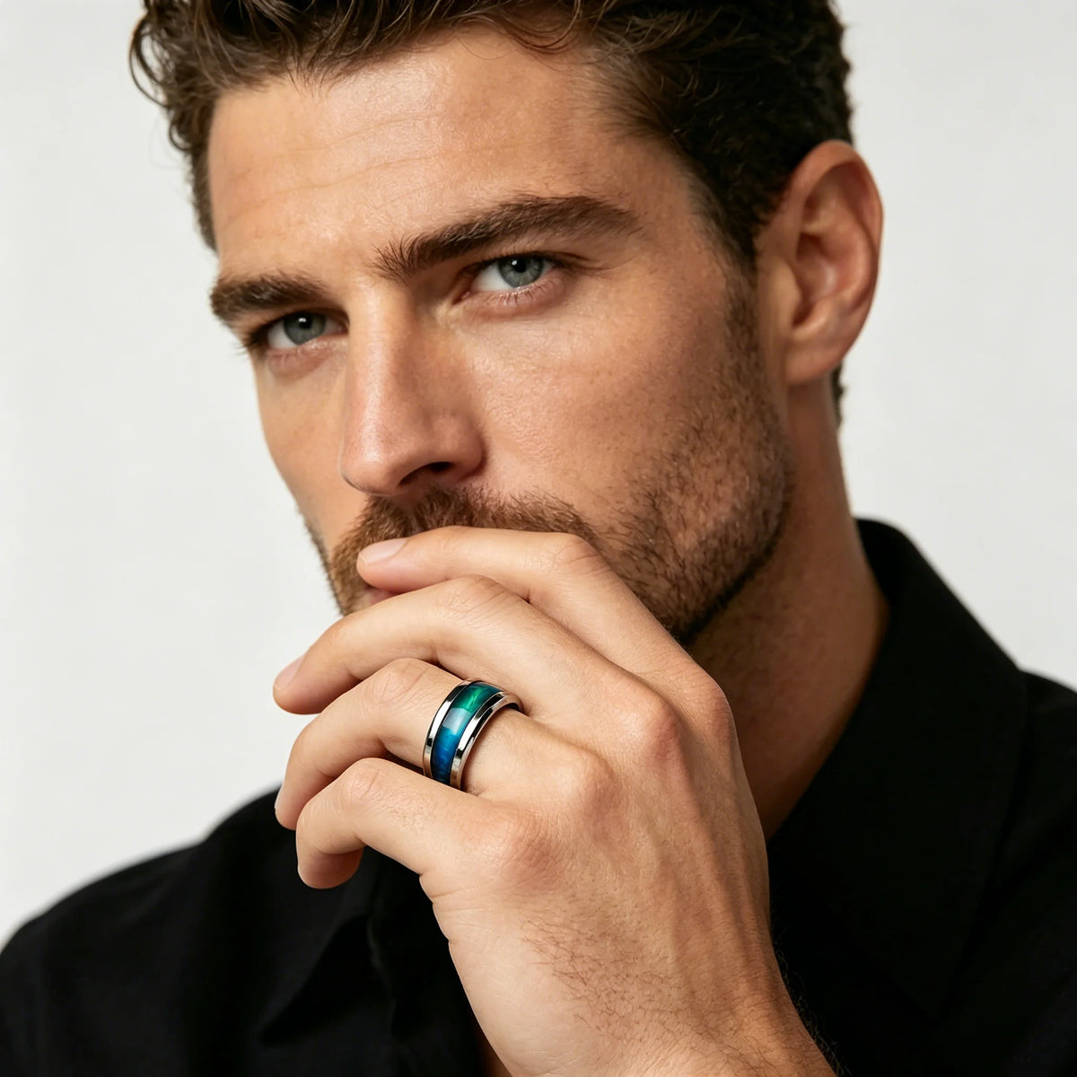 With Blue-Green Gradient Nebula Pattern Rings, 8mm Cosmic Starry Sky Stainless Steel Men Ring, Wedding Band Jewelry Drop Ship