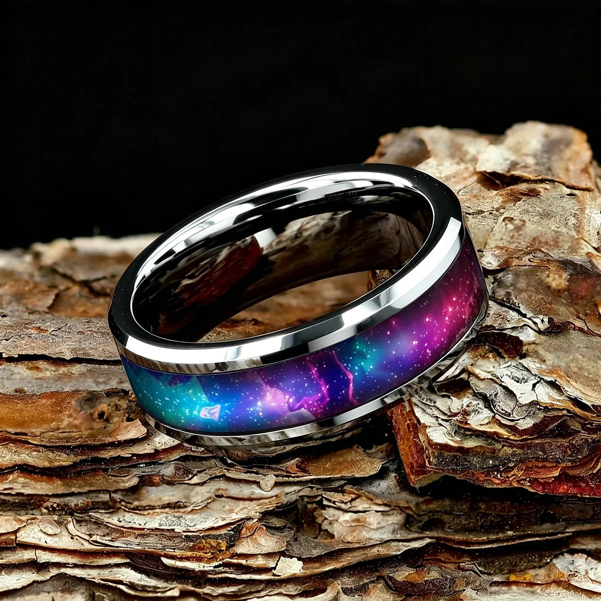 8mm Cosmic Starry Sky Stainless Steel Men Ring, Futuristic Design with Colorful Nebula Pattern Rings , Wedding Band Jewelry