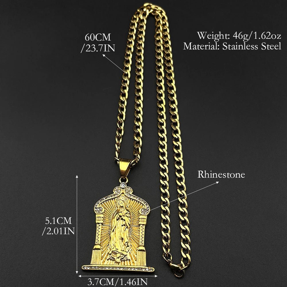 Catholic Virgin Mary Medal Rhinestones Pendant Necklace for Women Men Gold Color Stainless Steel Chain Amulet Jewelry Gift