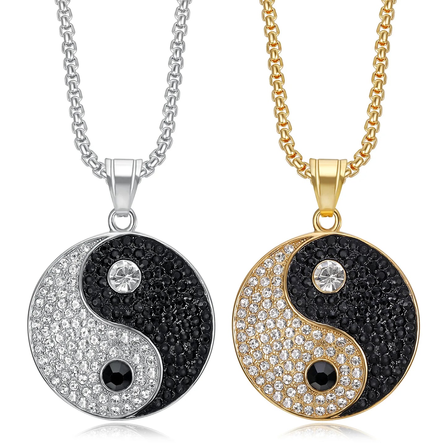 Unisex HipHop Rhinestone Jewelry Stainless Steel Gold Plated YinYang Bagua Pendant Necklace for Gift