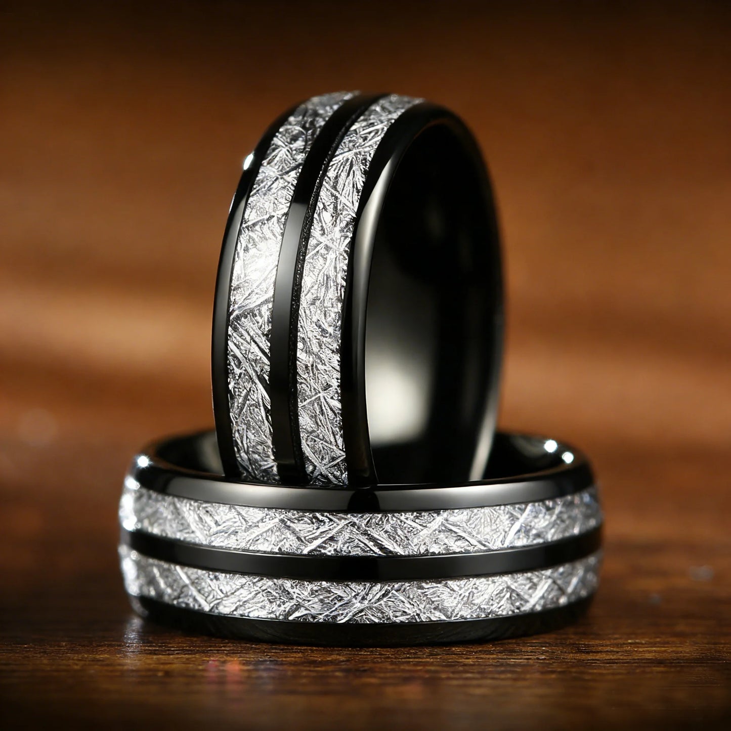 Fashion 8mm Black Color Stainless Steel Rings for Men Double Groove Meteorite Inlay Dome Men Finger Ring Wedding Band Jewelry