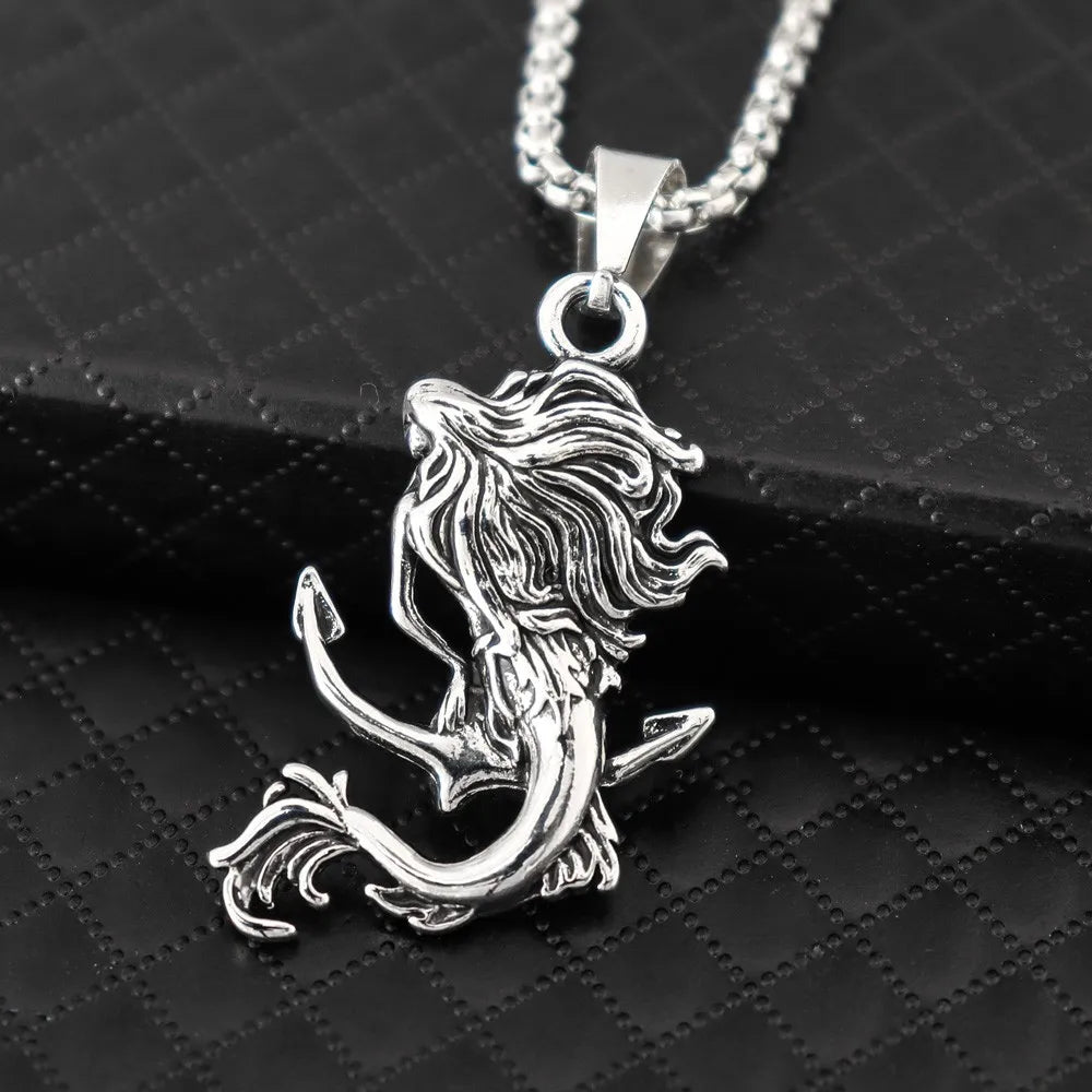 New Vintage Mermaid Anchor Pendant Charm Men's Necklace Fashion Hip Hop Punk Jewelry Accessories Party Gift Wholesale