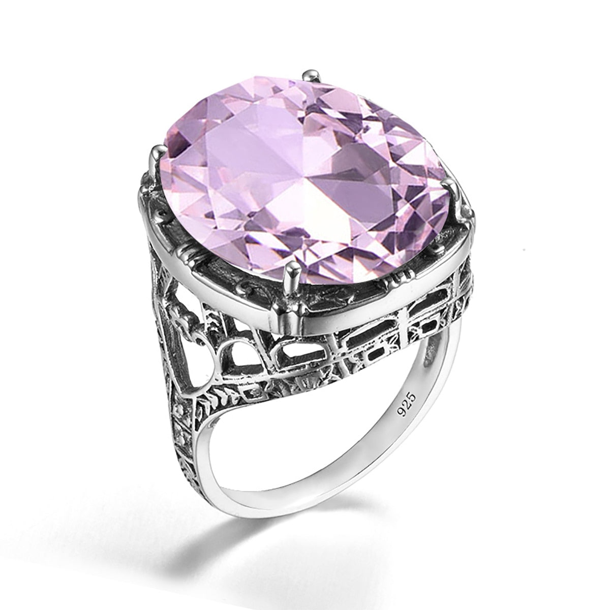 Real 925 Silver Women Amethyst Gemstone Ring Wedding Rings Handmade Processing Victorian Antique Jewelry Pink Stone