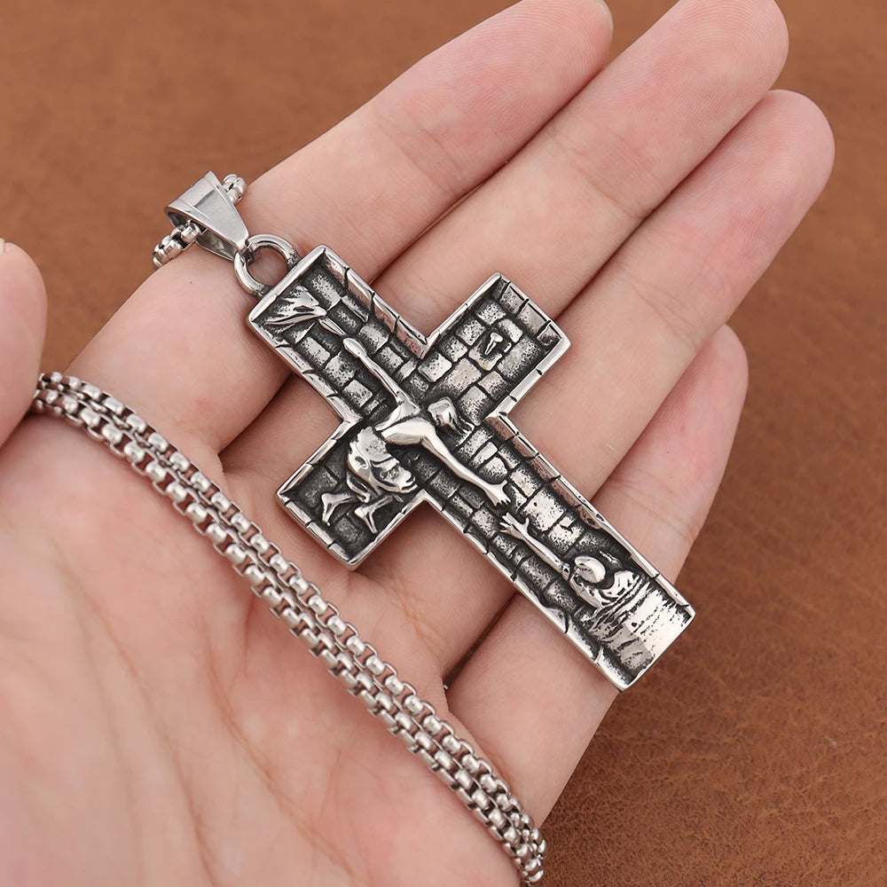 Vintage Design Jesus Savior Cross Pendant Chain High Quality Stainless Steel Lucky Prayer Necklaces Men Women Christian Jewelry