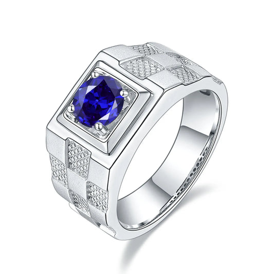 GEM'S BALLET 925 Sterling Silver Blue Sapphire Ring For Men 1.37Ct 6.5mm Lab Grown Sapphire Men's College Graduation Ring 925 Sterling Silver Lab Grown Sapphire