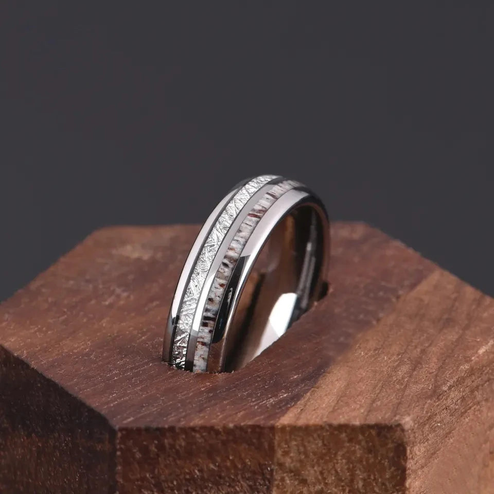 Fashion 8mm Men Stainless Steel Ring Rose Gold Color Brushed Wood Inlay Rings for Men Women Wedding Band Jewelry Birthday Gifts