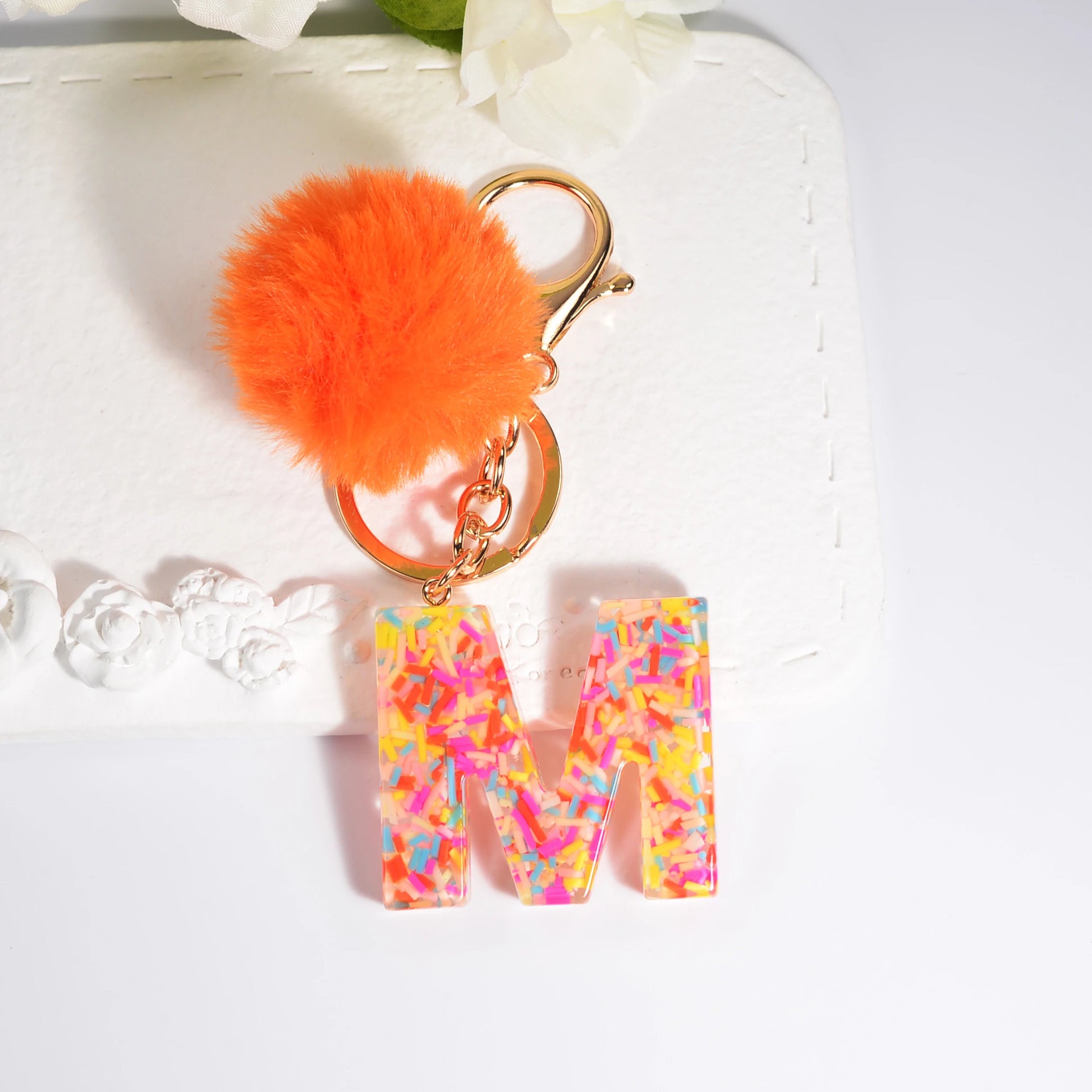 New Orange Stripe Filled Initial Letter Keychain With Orange Pom-Pom Women Girls Sweet Bag Purse Charm A-Z 26 Letters Pendant SKC-Y05-M CHINA