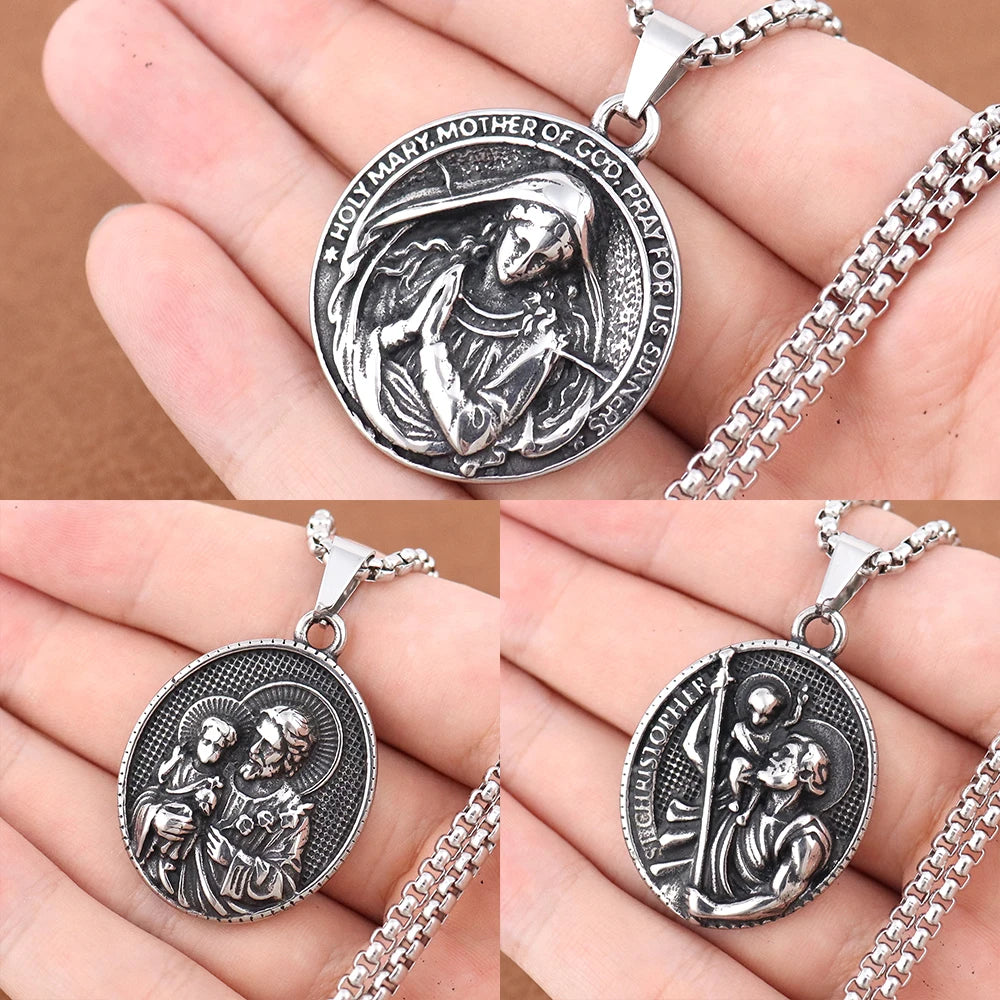 Fashion Virgin Mary Pendant Trendy Charm Stainless Steel Saint Christopher Pendant Vintage Thanksgiving Religious Jewelry Gifts